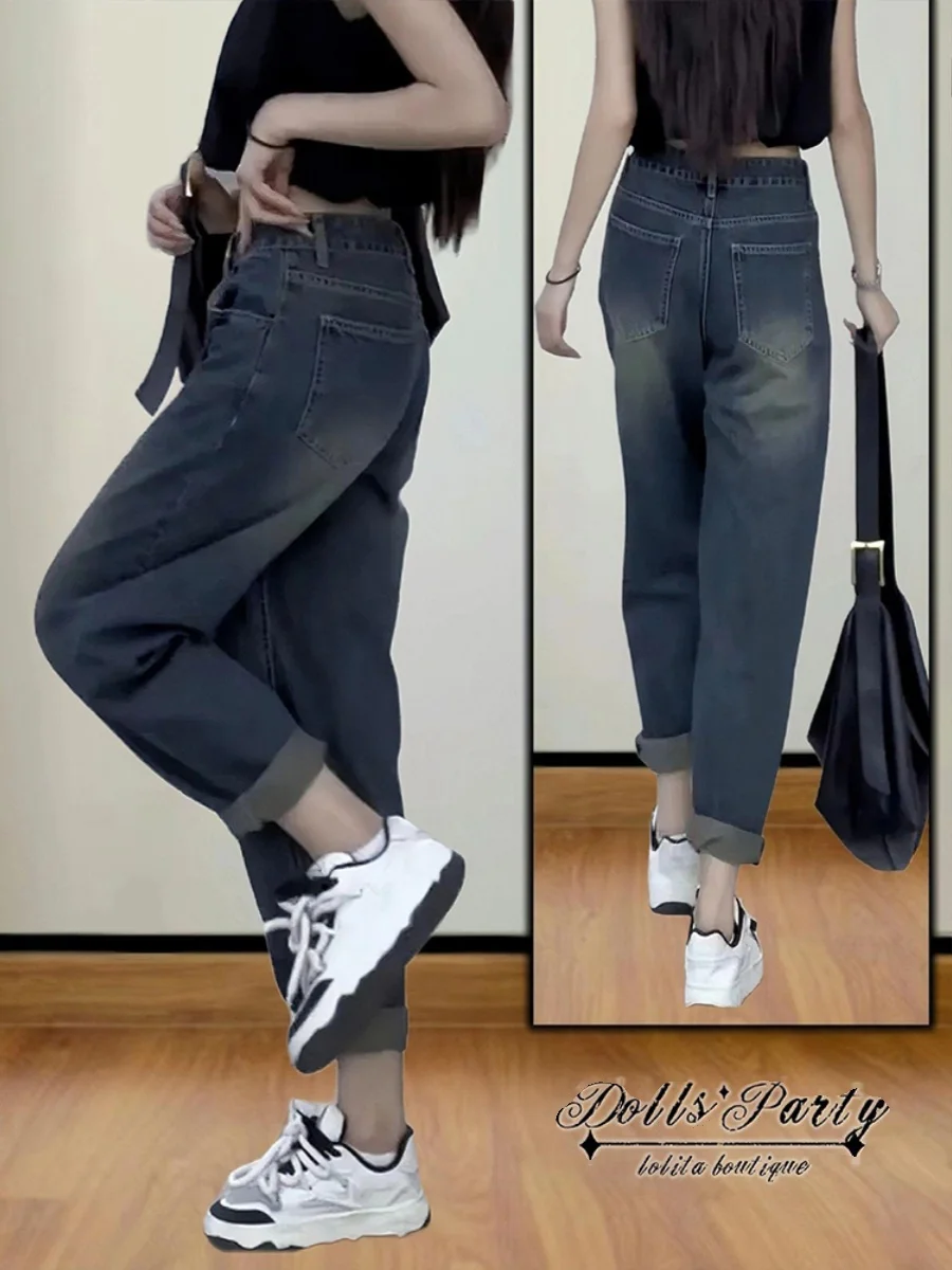 กางเกงยีนส์เอวสูงทรงฮาร์แลนสำหรับผู้หญิง ไซส์พลัส ทรงลูกแพร์ ไซส์เล็ก ไซส์ใหญ่พิเศษ ทรงแด๊ดแพนท์ ผ้าฝ้ายยืด ทรงทันสมัย