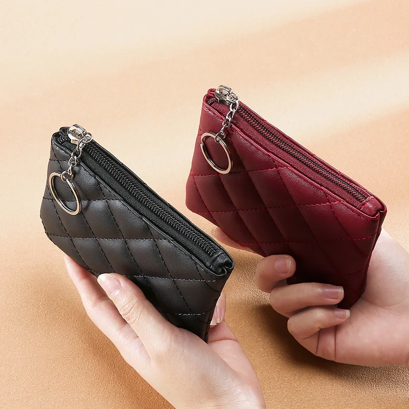Couro do plutônio zip moeda carteira chaveiro moda feminina pequena bolsa dinheiro designer losango padrão curto mudança bolsa moeda bolsa