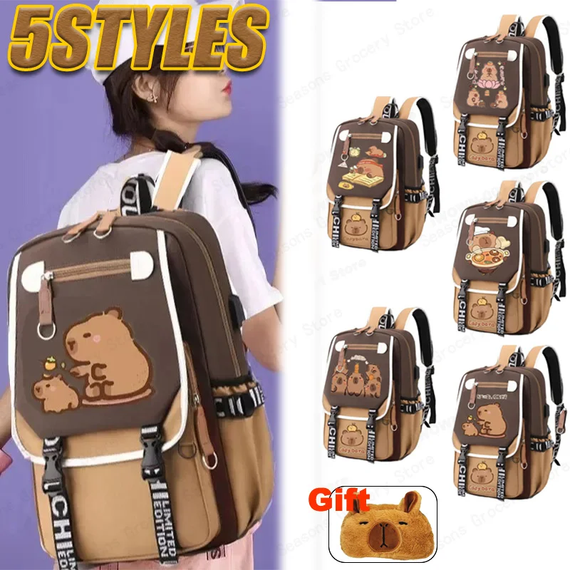 School Season 2025 Explosion Kapybara Backpack Large Capacity Cartoon Student Five Mind Hotpot Good Luck Merit Love Study Bag