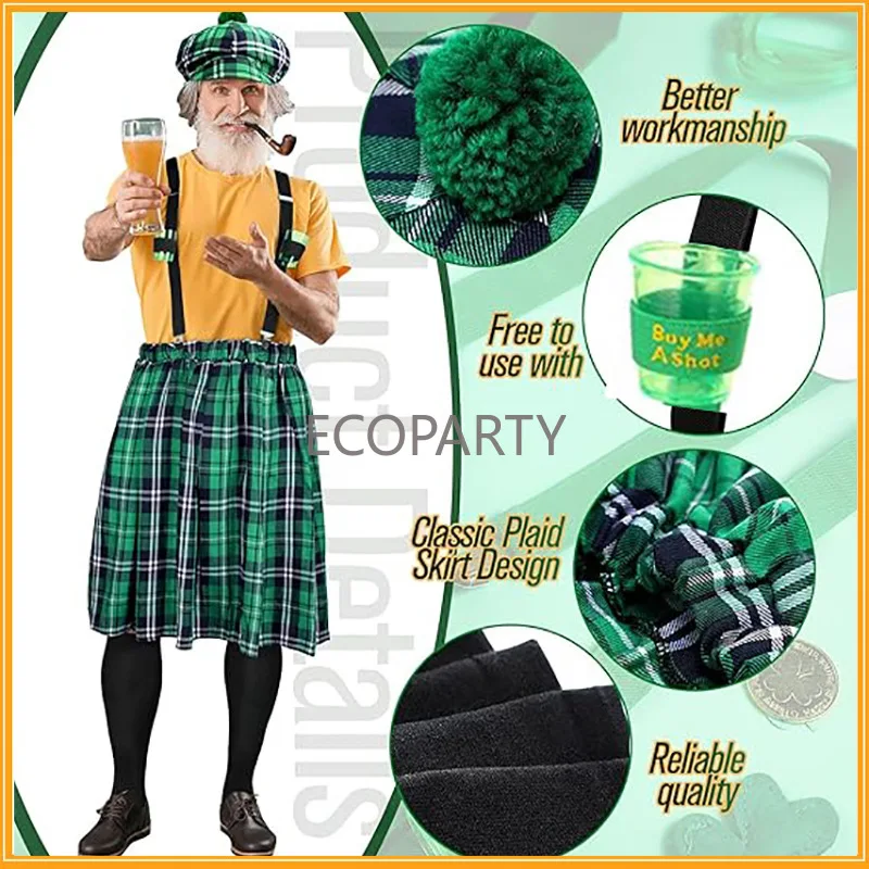 Conjunto de disfraz del Día de San Patricio, falda a cuadros verde, tirantes, sombrero y calcetines, recuerdo de fiesta del Festival irlandés, conjunto de vestir del Día de San Patricio