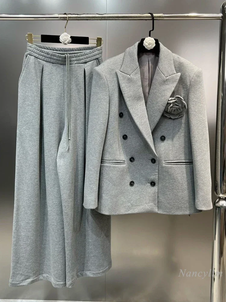 2023 Autumn and Winter Grey Blazer Women Lapel Long Sleeve Double Breasted Big Flower Suit Coat Niche Coats