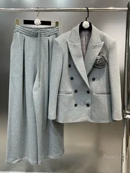 2023 Autumn and Winter Grey Blazer Women Lapel Long Sleeve Double Breasted Big Flower Suit Coat Niche Coats