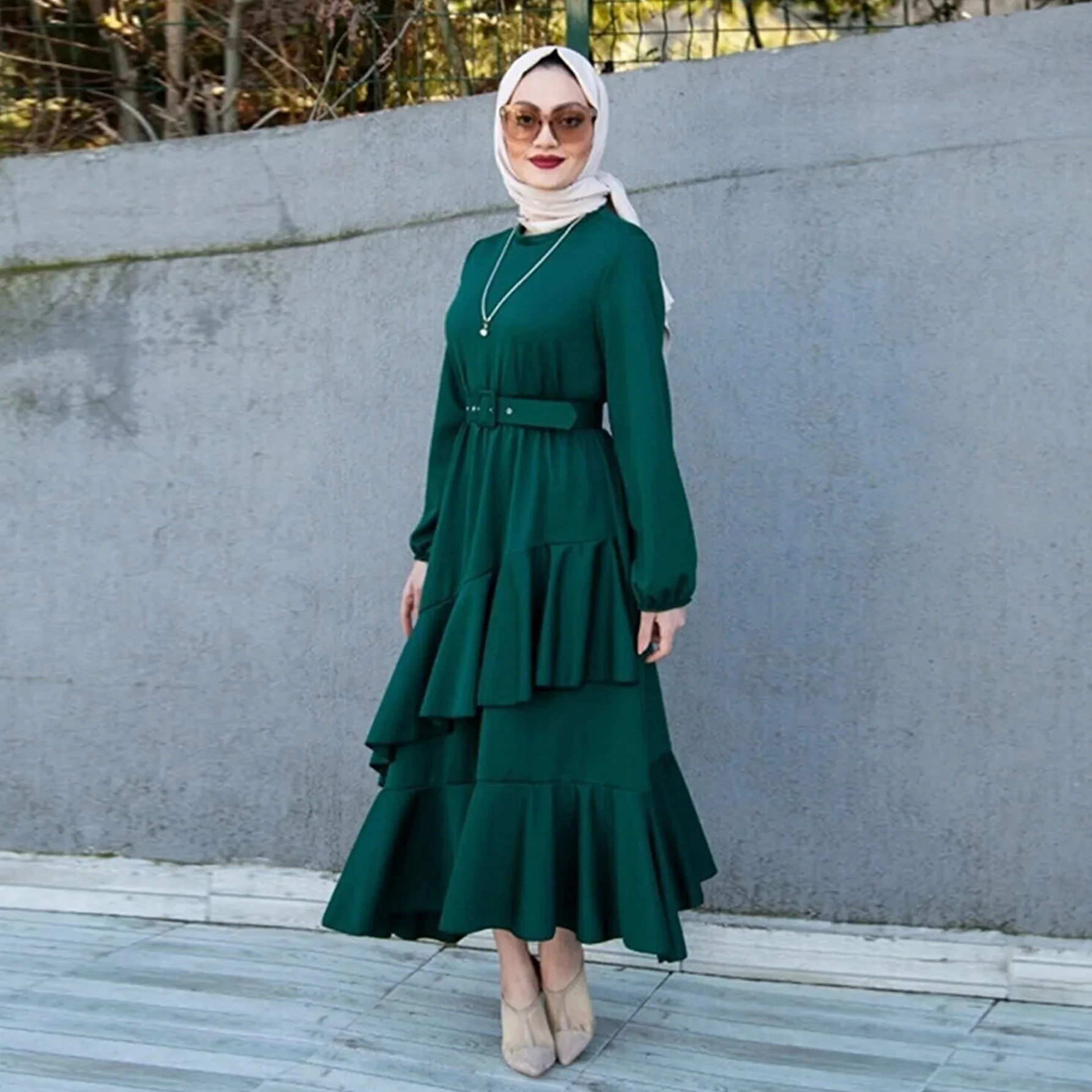 2207# Women's Türkiye Long Dress Muslim Dress Double Layer Ruffles Tunic Dress