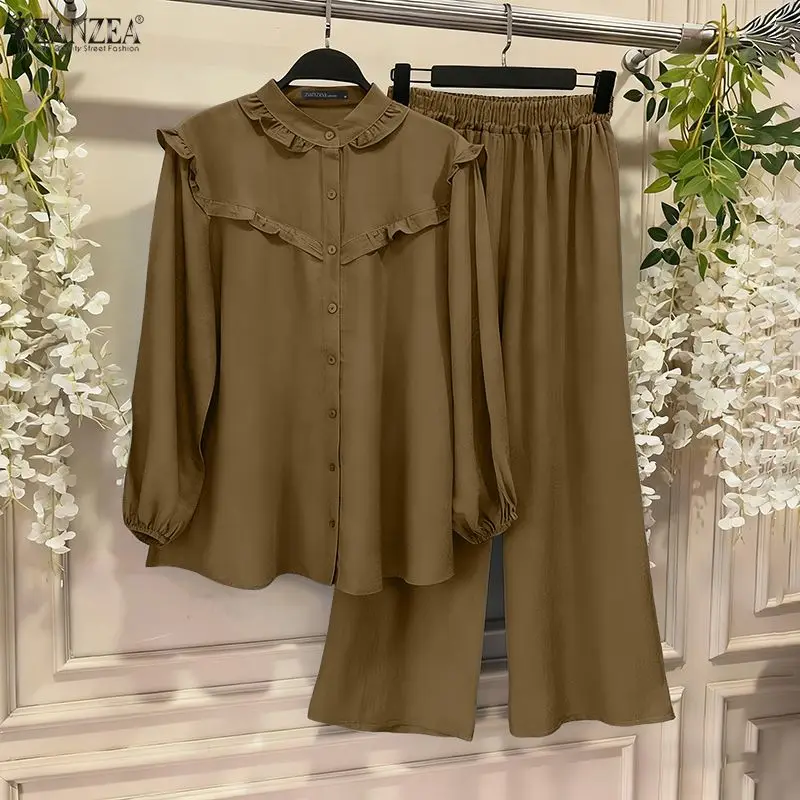 ZANZEA Fashion Women Pant Sets Autumn Spring Casual Long Sleeve Shirt and Long Wide Leg Pants Solid Elegant 2 Piece Outfits 2PCS