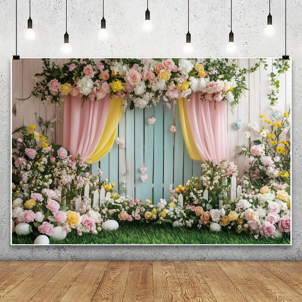 Toile de fond de mariage de fleurs de printemps, arc floral, porte verte, douche de mariée, décoration de fête de Pâques en plein air, fond de photographie