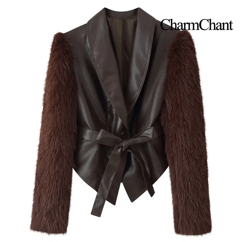 CHARMCHANT Women's Faux Fur Sleeve Leather Blazer Tie Waist Cropped PU Jacket Shawl Collar Luxury Fashion Outerwear Fall 2026