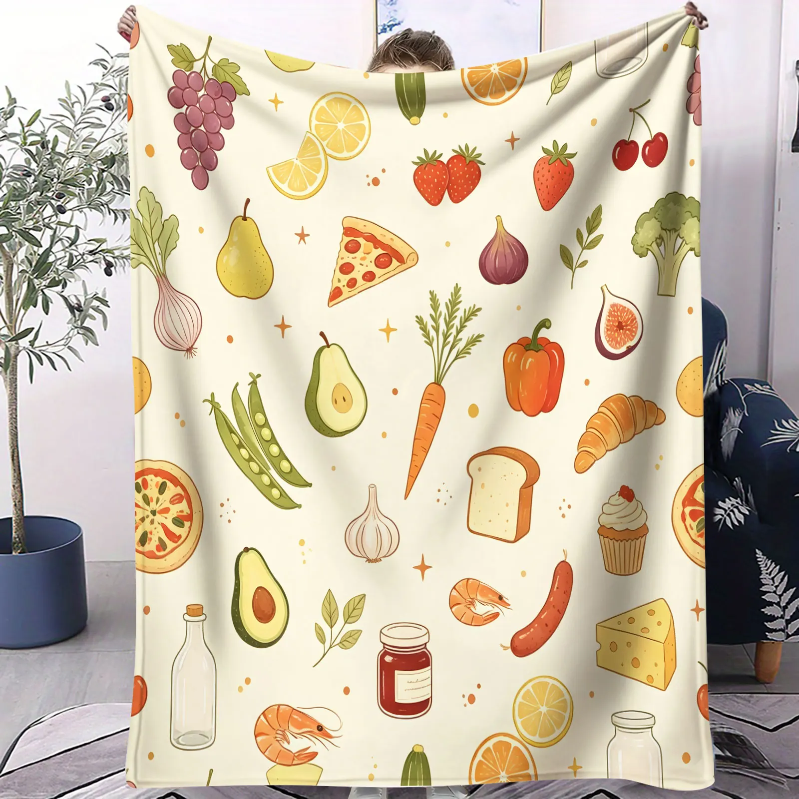 Cute Food Fruit Vegetable Print Flannel Throw Blanket Soft Warm Lightweight Microfiber Plush Blanket for Sofa Bed Car Camping