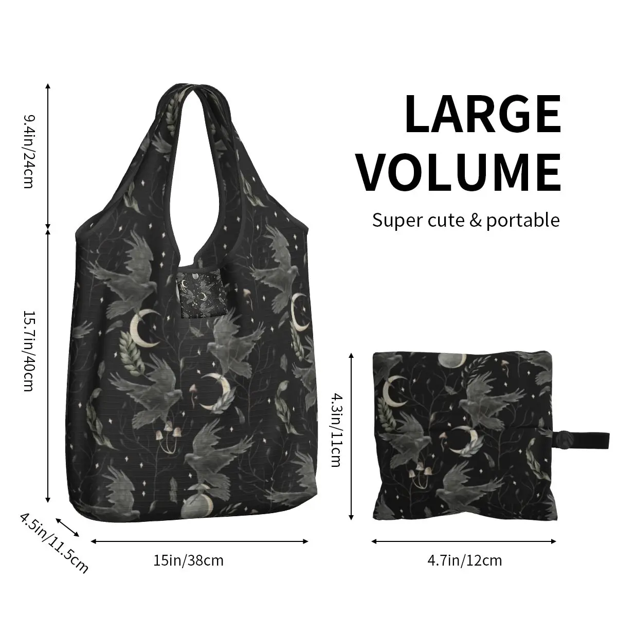 Custom Reusable Crow Moon Shopping Bag Women Tote Bag Portable Halloween Spooky Witch Groceries Shopper Bags