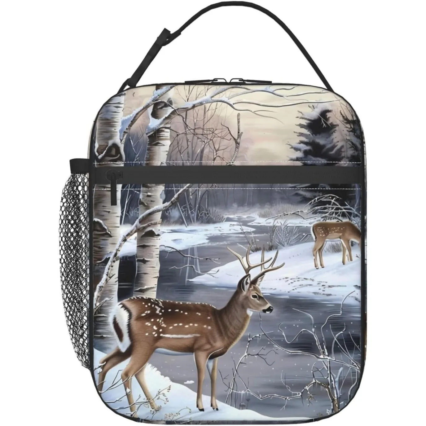 Cute Deer Lunch Box for Women Adults Kids, Insulated Cooler Polyester Serene Winter Woodland Lunch Bag