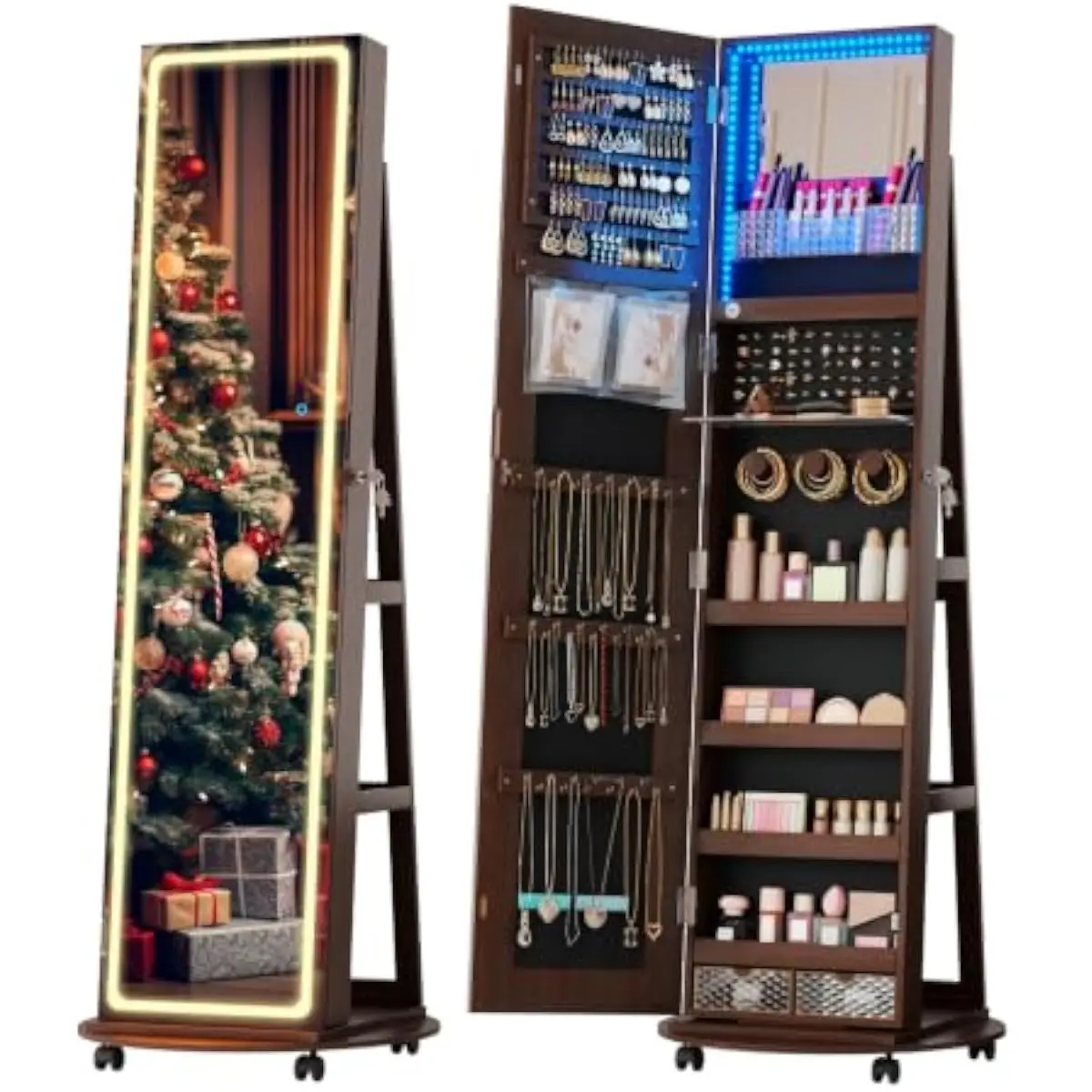 Armario giratorio de joyas de longitud completa con espejo LED de 3 colores, 108 ranuras para pendientes, 36 soportes para anillos, 36 ganchos para collares, interior de terciopelo.