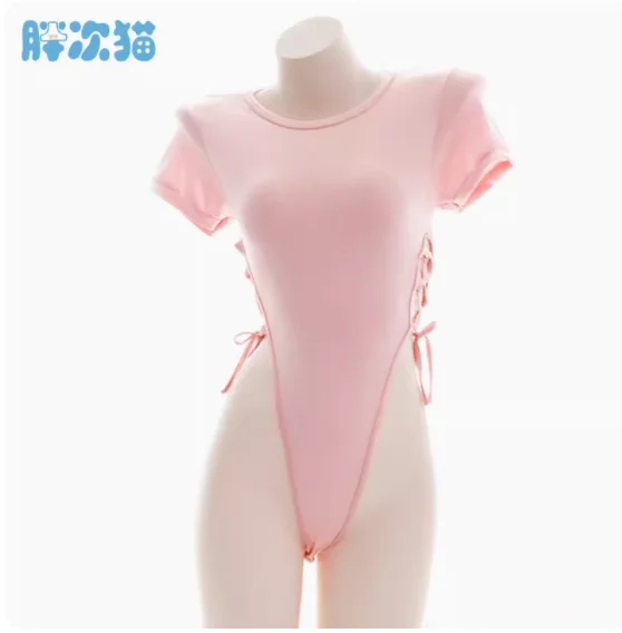 2024 Pink one-piece T-shirt Straps Sukumizu High Slit Button-down Gym Suit Private Pajamas Home Clothing Woman Sexy Underwear