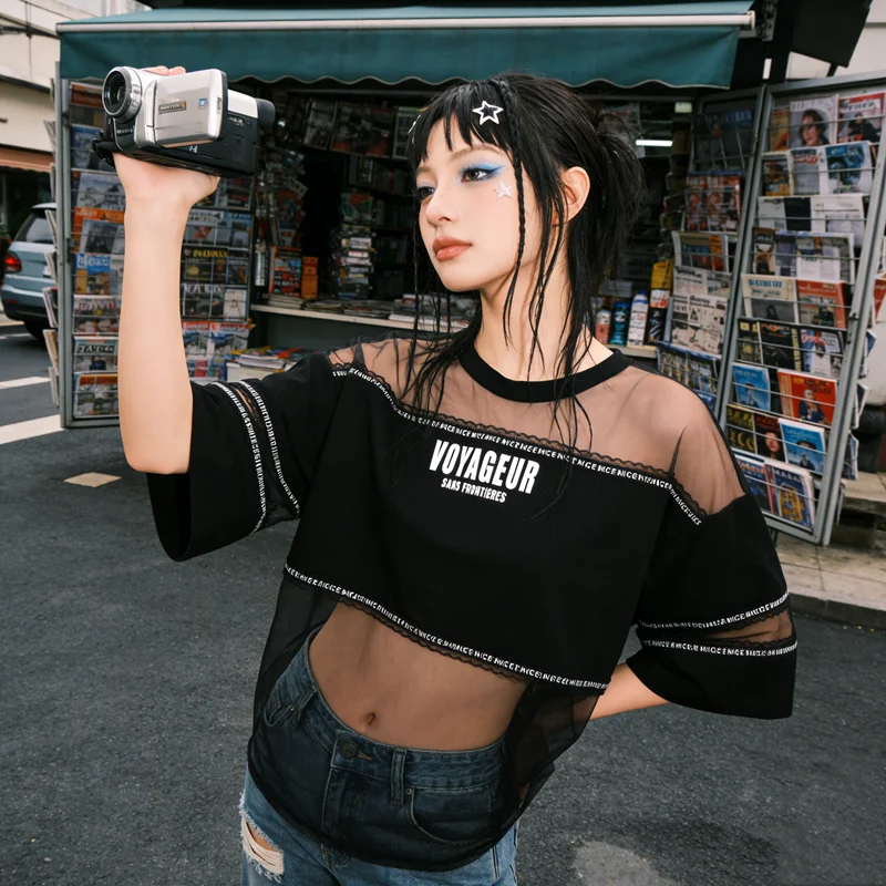2026 Summer Street Fashion Oversize See Through T Shirt Top Y2K Girls Punk Harajuku Mesh Perspective T-shirt Hip Hop Clothes