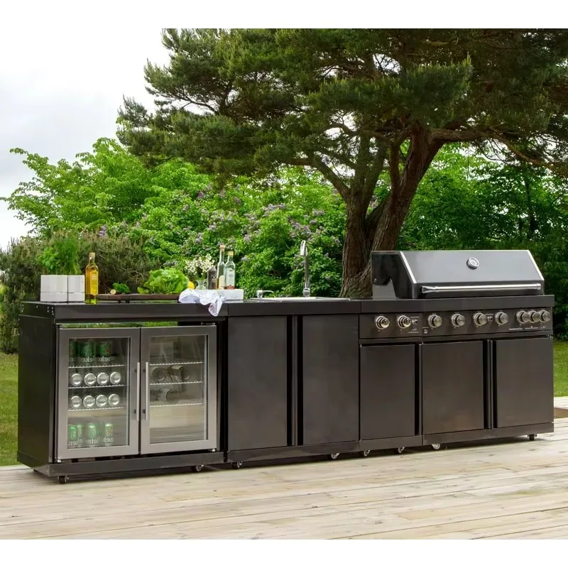 Maßgefertigte Garten-Außenküche BBQ-Insel mit Eingebautem Gasgrill Wetterfest 304 Edelstahl für Terrasse Villa Gewerbliche Nutzung