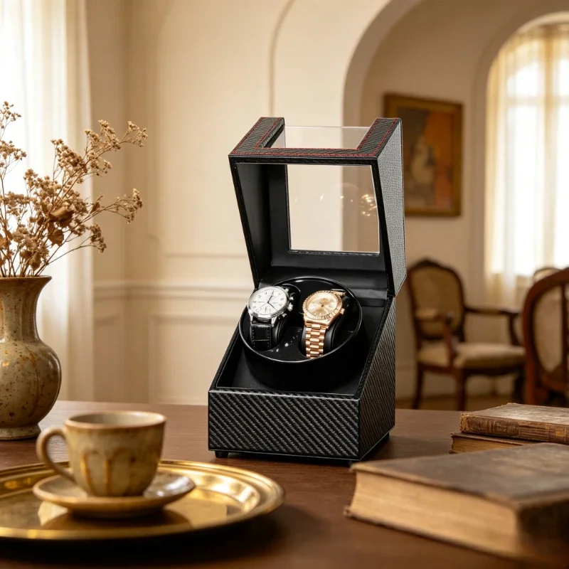 Leather Automatic Watch Winder with Lid Silent Anti Magnetic Dustproof Display Storage Case for Mechanical Watches Men 시계 와인더