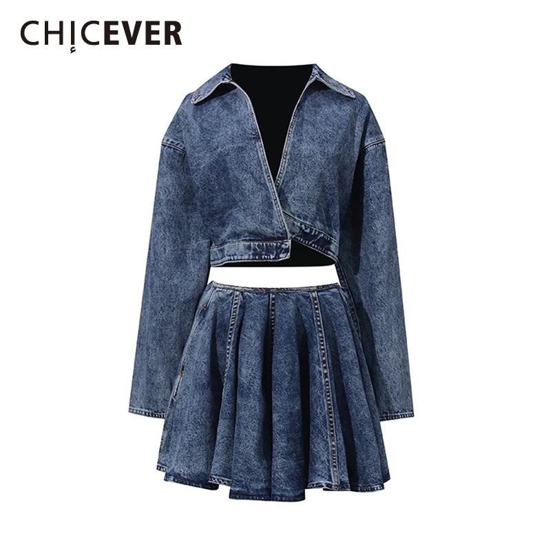 

CHICEVER Blue Spliced Folds Two Piece Set Female Lapel Long Sleeve Jacket Streetwear Loose Women's Skirt Sets Fashion Style New
