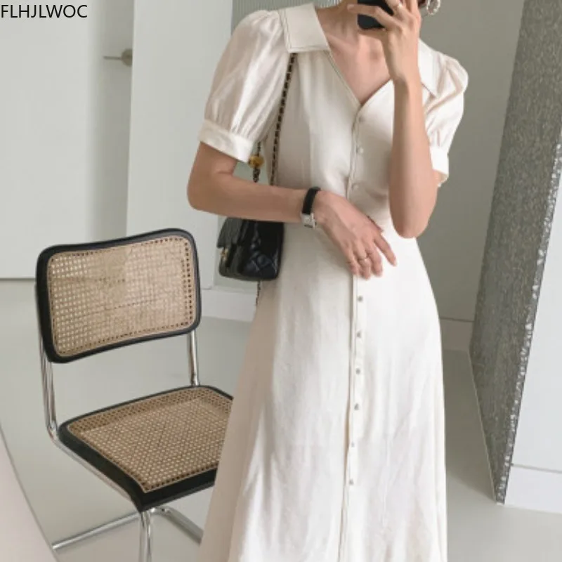 Retro Vintage Long Dress Summer Short Sleeve Elegant Office Lady Work V Neck Single-Breasted Button Shirt Dress Chic Korean 2020