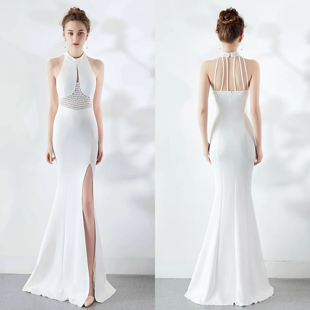 

Evening Dress White Beads Stretchy Halter Collar Zipper Back Mermaid Trumpet Floor Length Women Party Formal Gowns YE083