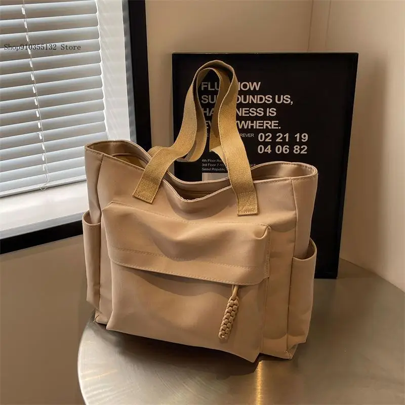 Retro Pure Color Simple Large Capacity Canvas Patchwork Commuting Tote Underarm Bag for Women Student