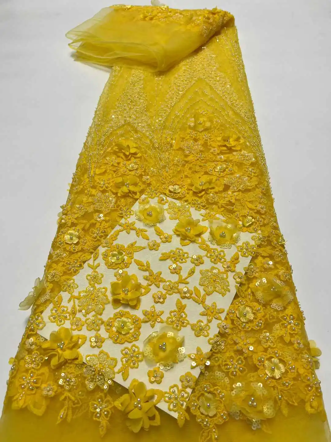 3D Flower Fashion African Beaded Lace Fabric 5 Yards Peach French Sequined Embroidered Mesh Lace Fabric Wedding Party Dress