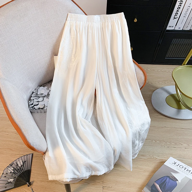 Ele Embroidered High Waist Wide Leg Casual Pants Women's plus Size Straight Cut Faionable Drapey Slimming Trousers