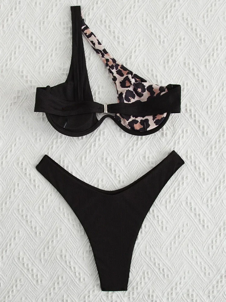 Sexy Leopard One Shoulder Bikinis 2 Piece Set Women Swimsuit High Waist Backless Beach Split Bikinis 2024 New Summer Bikinis Set