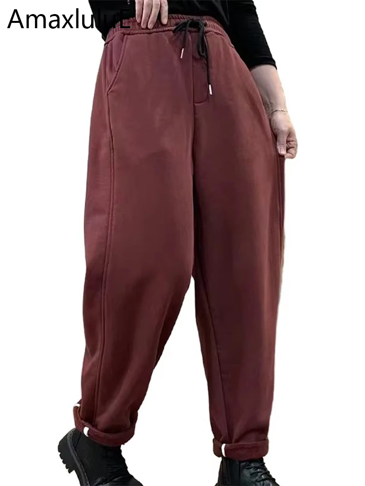 

Amax luluE 2024 Winter Fur Womens Fitness Wide Pants Luxury Loose Trousers Ladies Thicken Warm Fashion Vintage Elastic Pantalons