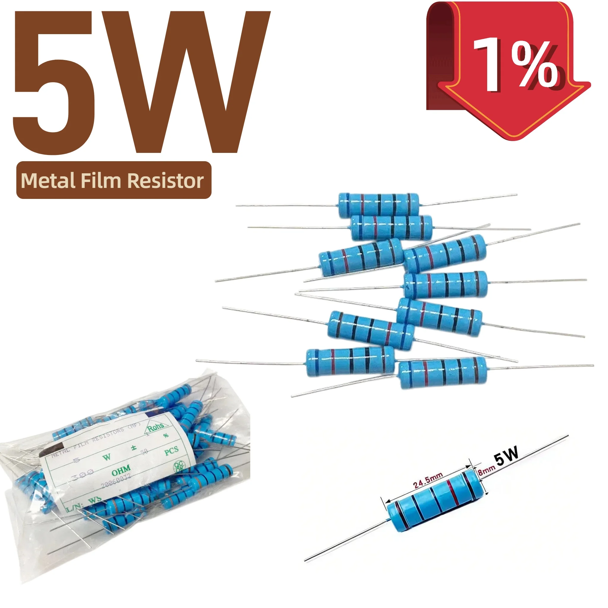 10pcs 5W Metal Film Resistor color Ring Power Resistor 0.1 0.2 0.12R 0.22 2 3M 3.3 4.7 10R 47 100 470 1K 2.2 22K 33 4.7K 100KOhm