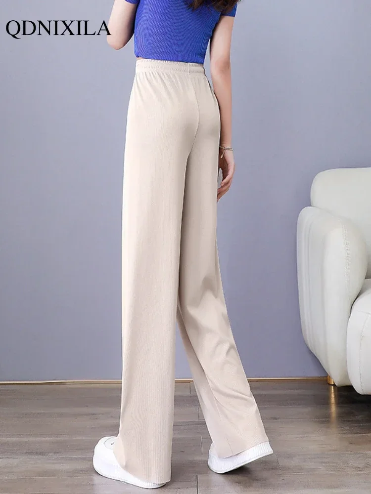 Summer New Ice Silk Women\'s Pants Wide Leg Korean Fashion Elegant Thin High Waist Elastic Casual Woman Sagging Straight Pants