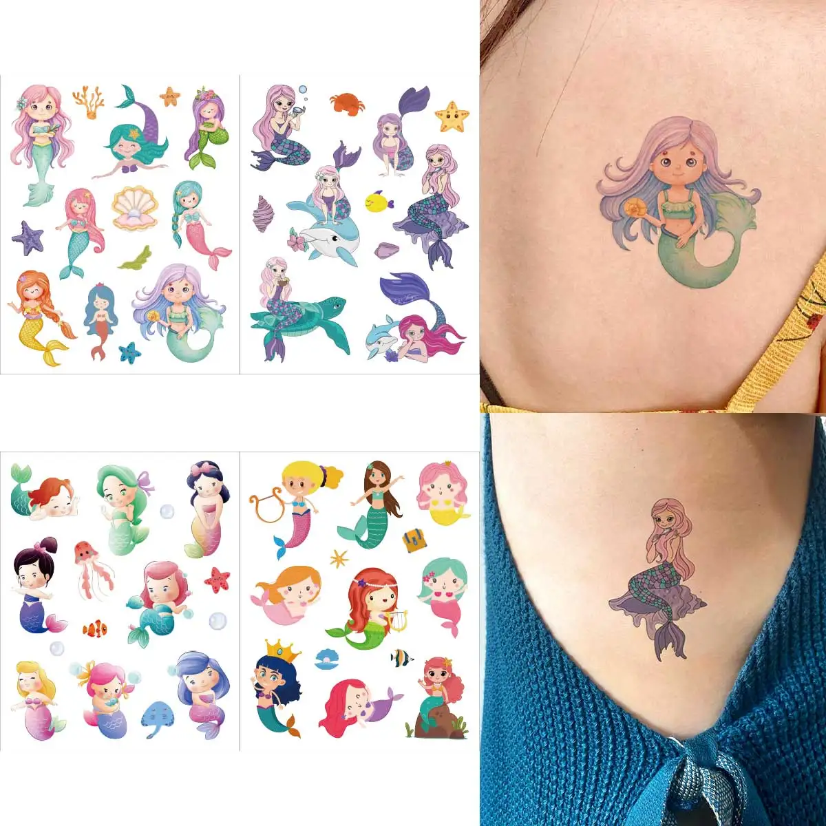 4pcs Dancing Mermaid Temporary Tattoo Stickers for Children Cute Cartoon Body Waterproof Tattoos Girls Birthday Party Decoration