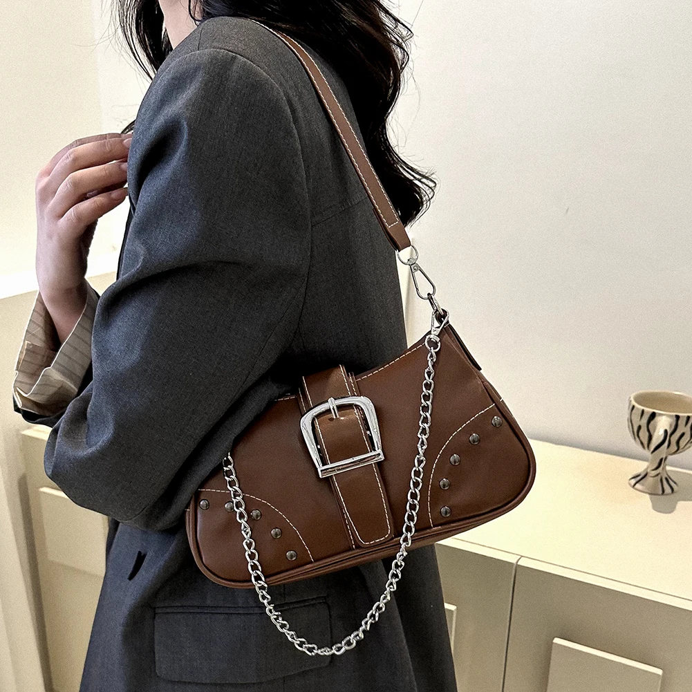 Women\'s Handbags Y2K Cool Style Chain Shoulder Bag High-quality Ladies Armpit Purses Fashion Solid Color Totes Female French Bag