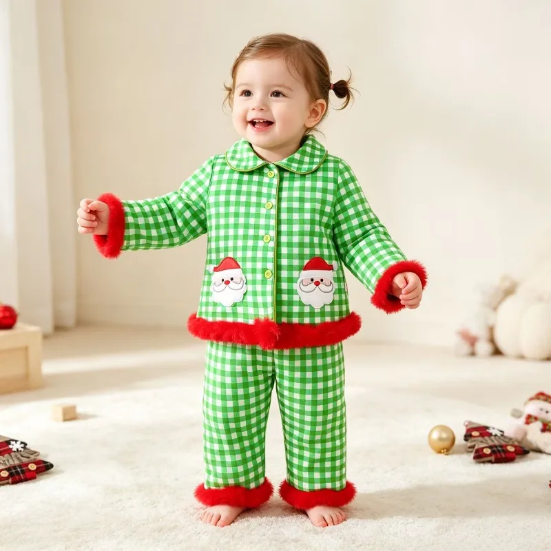 Infant Baby Girls Xmas Plaid Two Piece Outfit Button Up Shirt With Santa Patch And Fluffy Trim Pants Set Holiday Clothes 0 24M