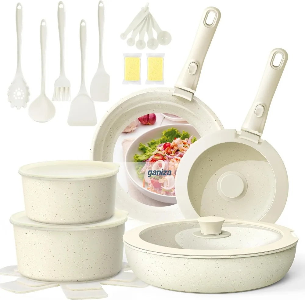 

27 шт. Набор посуды с антипригарным покрытием, набор кастрюль и сковородок, антипригарная съемная ручка, нетоксичные наборы посуды, индукционные кастрюли и сковороды