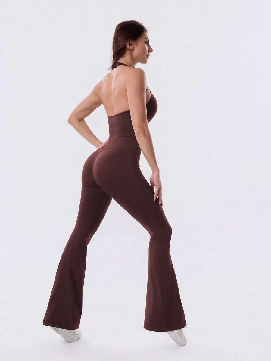 Women's Sculpting Slim Fit Backless V-Neck Halter Jumpsuit High Stretch Butt-Lift Flared Leg Sleeveless Active Romper