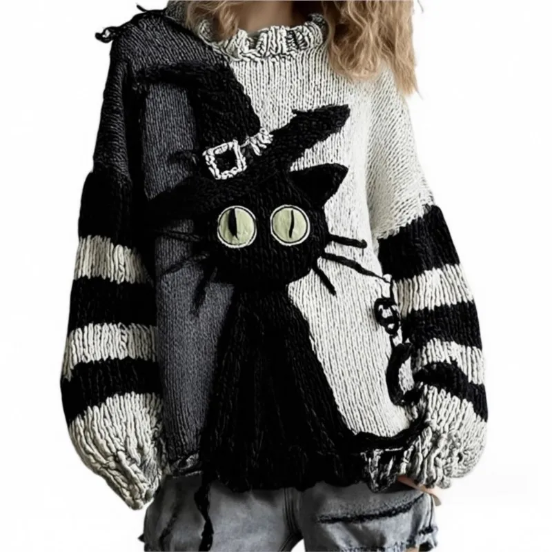 

Christmas Spooky Face Printed Women's Sweater Black Cats Funny Horror Cozy Knit Sweater Autumn O-Neck Knitwears Casual Jumper