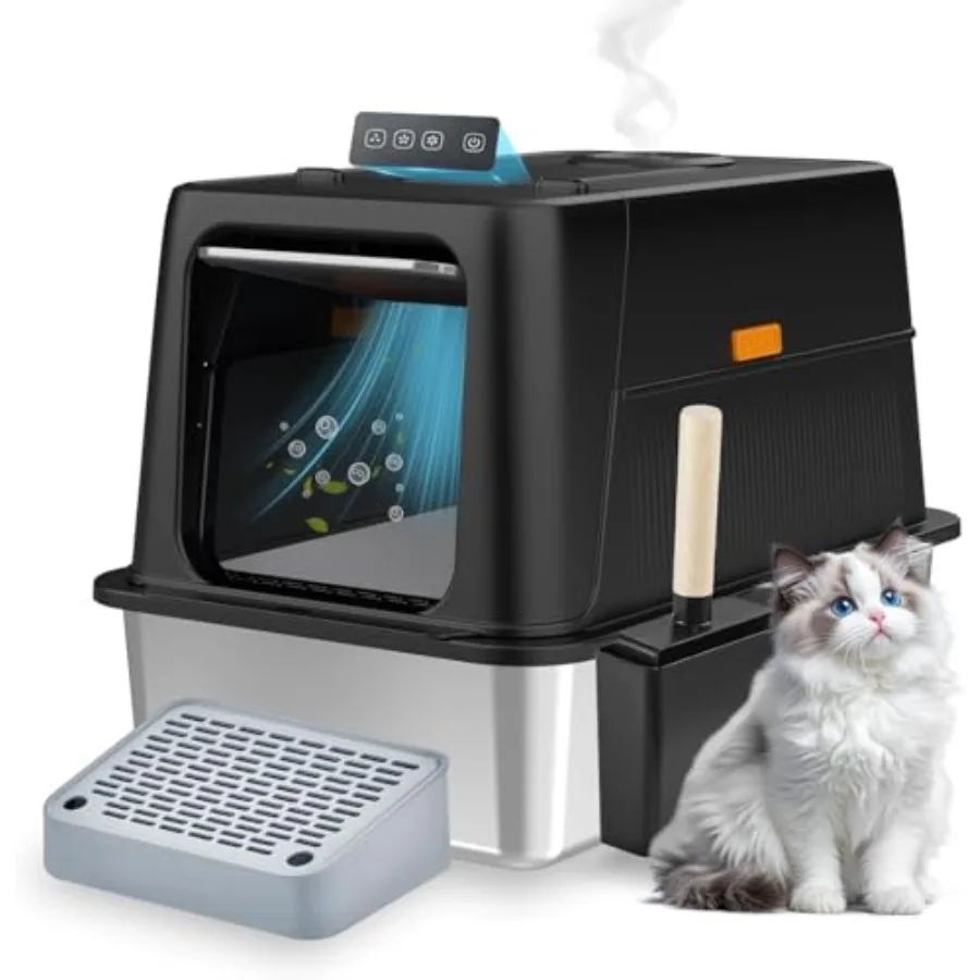 

2025 Smart Infrared Sensor Stainless Steel Litter Box with Lid Breeze System Enclosed Cat Litter Box with 180 Flip-Top Entrance
