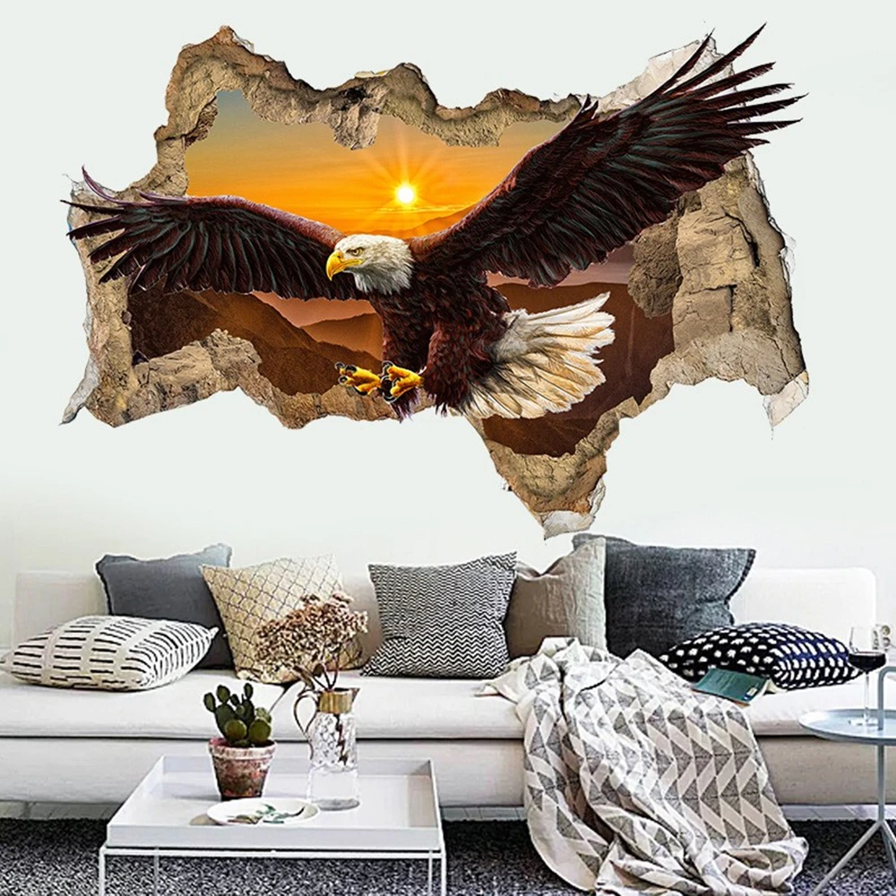 3D Broken Wall Hole Bald Eagle Stickers Sunset Mountains Mural Decal Removable Vinyl Wall Art for Living Room Bedroom Home Decor