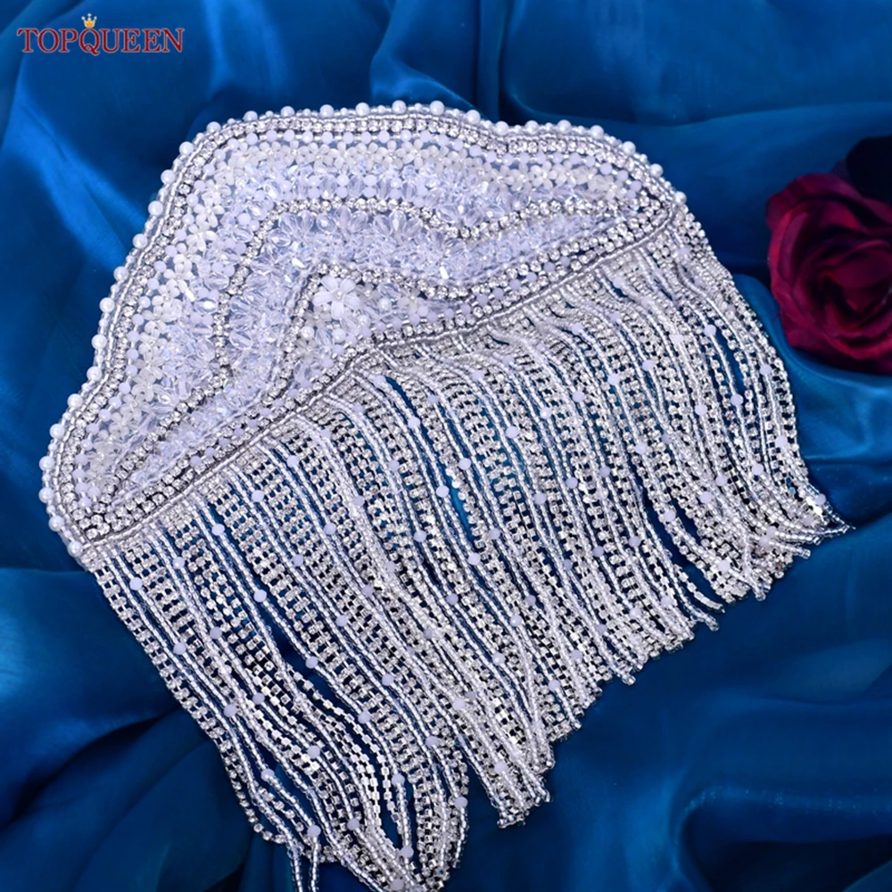 TOPQUEEN SP65 Sew 3D Tassels Rhinestones Beaded Patch Epaulettes Clothes Dress Gown Accessories with Chain Shoulder Knot Luxury