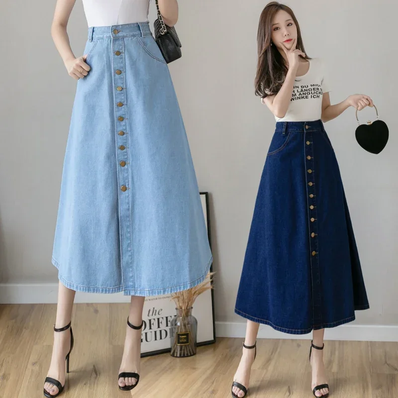 2023 New Spring Summer Women Denim Skirt Oversize Korean Style A-line Solid Long Skirts Fashion High Waist Female Skirts