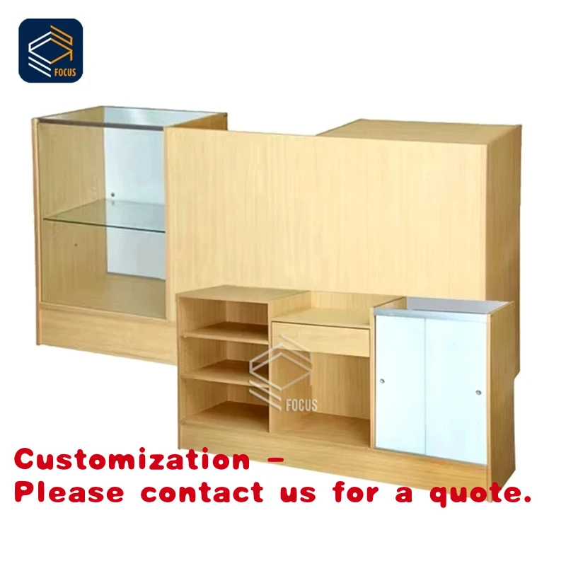 

Customize.Wooden Display Showcase Counter Cabinet with Glass Shelf and Storage Compartment Retail and Product Display