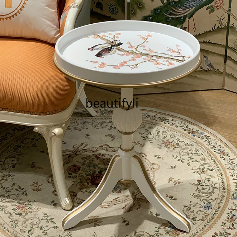 French Style Freehand Drawing Golden round Corner Table Small Apartment Living Room Furniture Flower-Bird Pattern Storage Rack