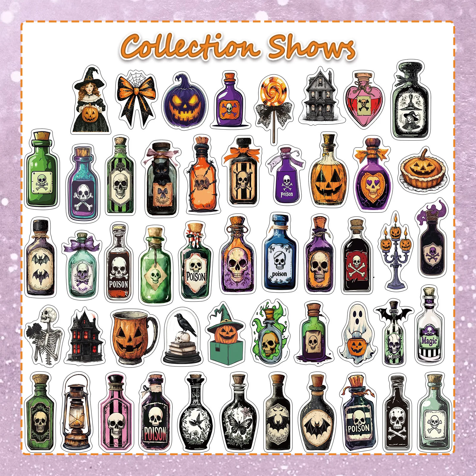 52 Uds. Poción mágica de Halloween pegatinas de grafiti de dibujos animados teléfono guitarra portátil maleta taza pegatina impermeable juguetes para niños