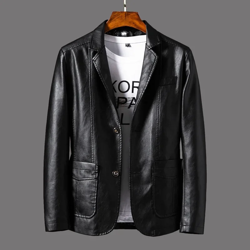 

Single Breasted Men Faux Leather Long Sleeve Solid Jacket Leathers Cardigan Outerwear Turn Down Collar Spliced Pockets 2025