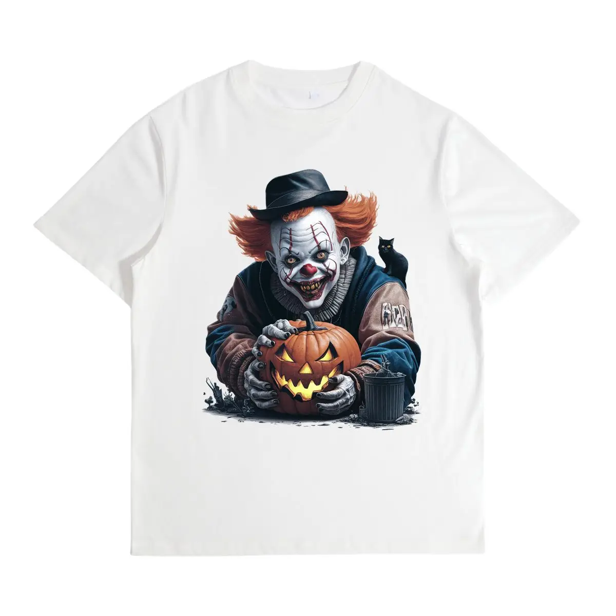 

A Loose and Comfortable Short-sleeved Pure Cotton T-shirt with A Clown Print Pattern Holding A Pumpkin for Men and Women