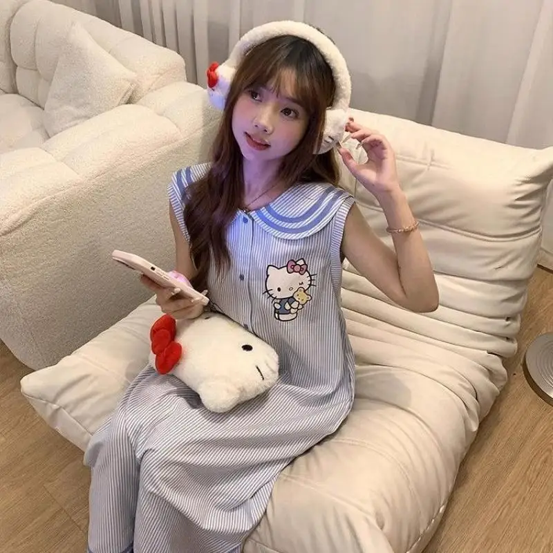 Lindo dibujo animado Kawaii Sanrio Hellokitty vestido de dibujos animados sin mangas ropa de dormir verano ropa de hogar camisón