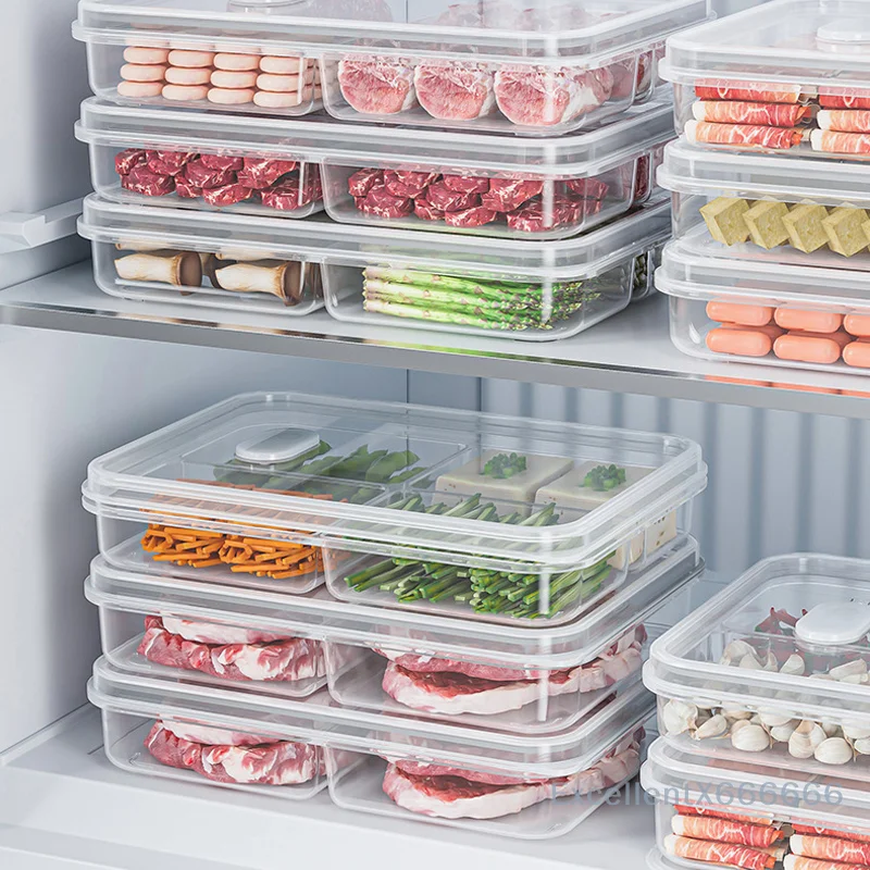 

Refrigerator Storage Boxes - 2/3/4/6 Grids Fresh Food Container with Porous Plugs for Scallions Meat Sealed Cold Storage Crisper
