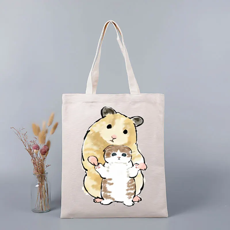 Korean Summer Beach Bags Kiss Cat Print Cute Cartoon Kawaii Shoulder Bag Large Canvas Bags Harajuku Shopper Bag Fashion Casual