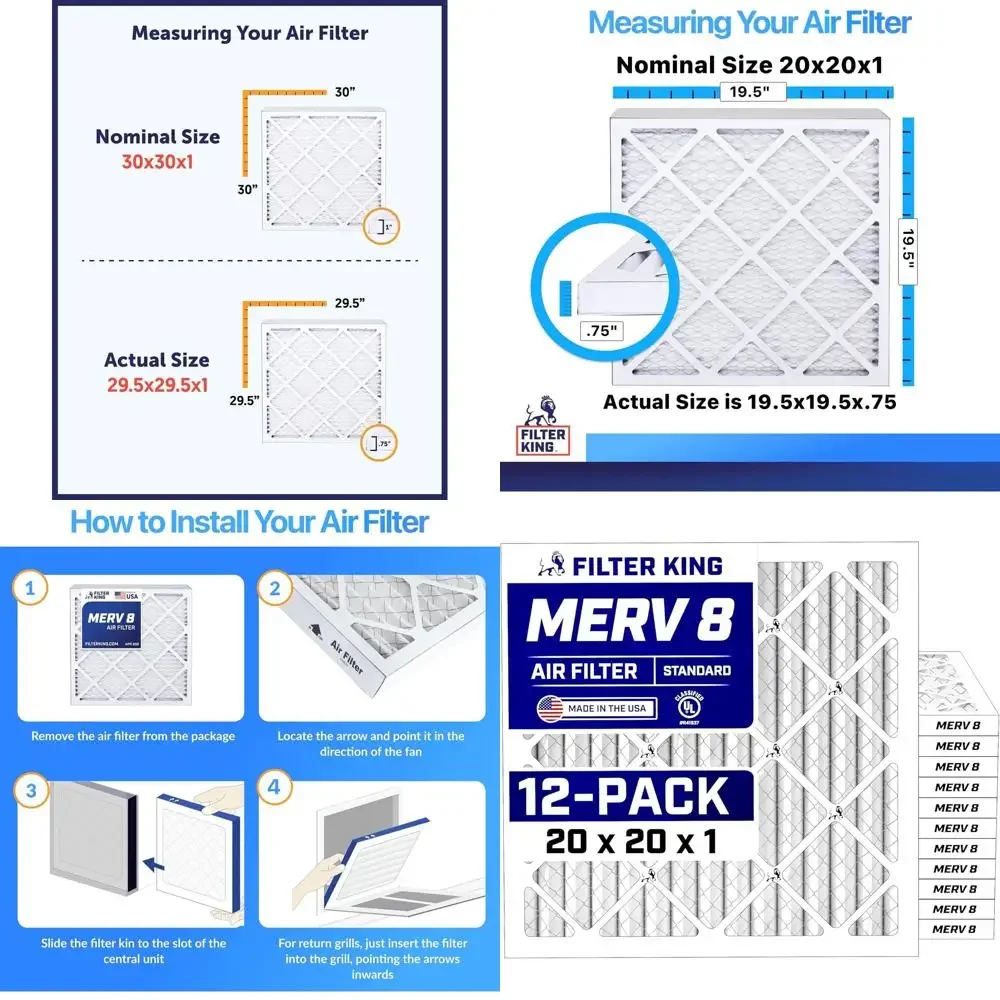 

20x20x1 MERV 8 Air Filters, 12-Pack, Dust & Allergy Control, USA Made, HVAC Pleated, Electrostatic, Actual 19.5x19.5x0.75