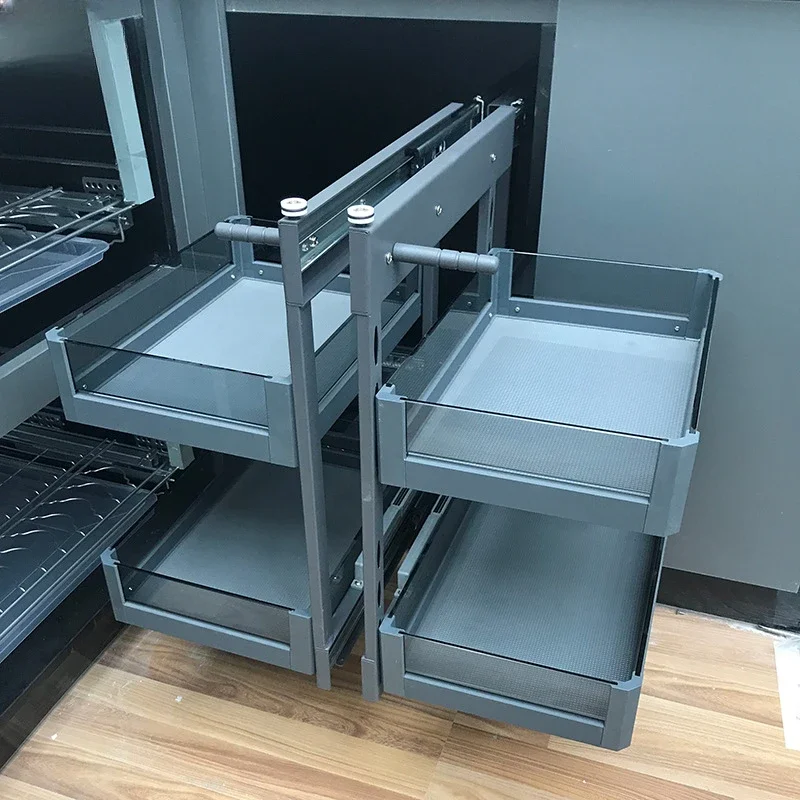 سلة سحب زاوية الخزانة، جميعها يسحب للخارج، سلة توابل من الزجاج المقسى للمطبخ الصغير، رف تخزين بأدراج سلة الأطباق