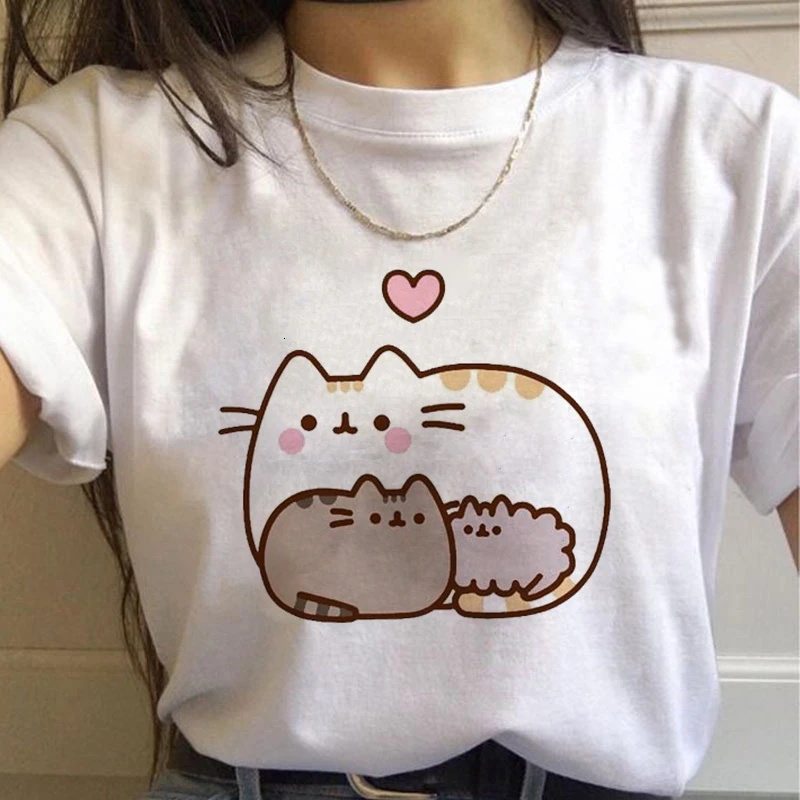 Women T Shirt Kawaii Cats Graphic Top Female T-shirt Harajuku Cute Girls Streetwear Cargo Casual Cartoon Ladies Y2k Clothes Tops