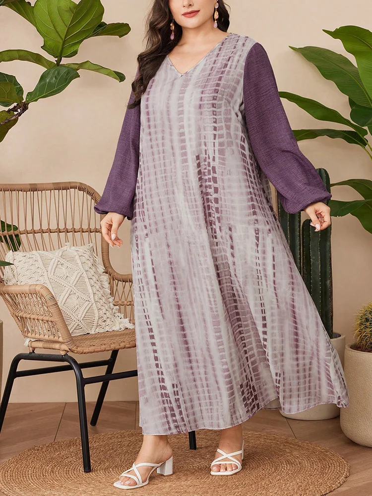 Gibsie plus size férias estilo tie dye abaya vestido feminino 2025 novo outono com decote em v lanterna manga solta maxi vestidos longos femininos